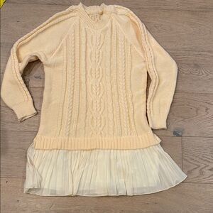 Cream Cable Knit Sweater Dress with Pleated Hem